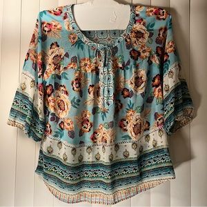 Fig and Flower Womens Tunic Top 2X Sheer Blouse Floral Geometric Peasant Shirt